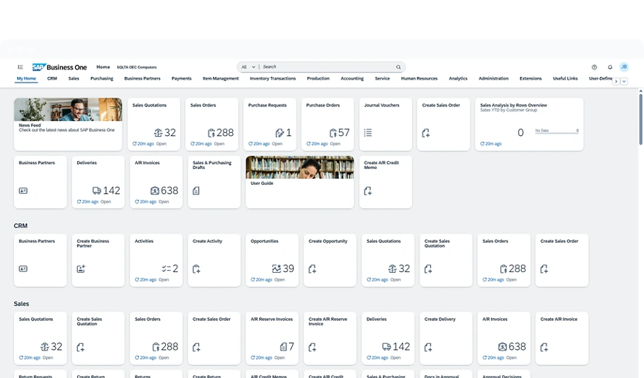 Màn hình SAP Business One Web Client với các ứng dụng bán hàng, mua hàng và quản trị