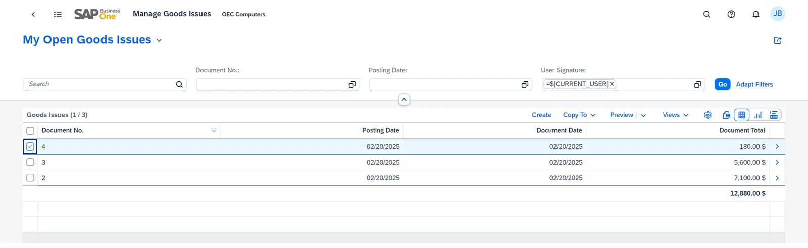 Danh sách Manage Goods Issues của SAP Business One Web Client